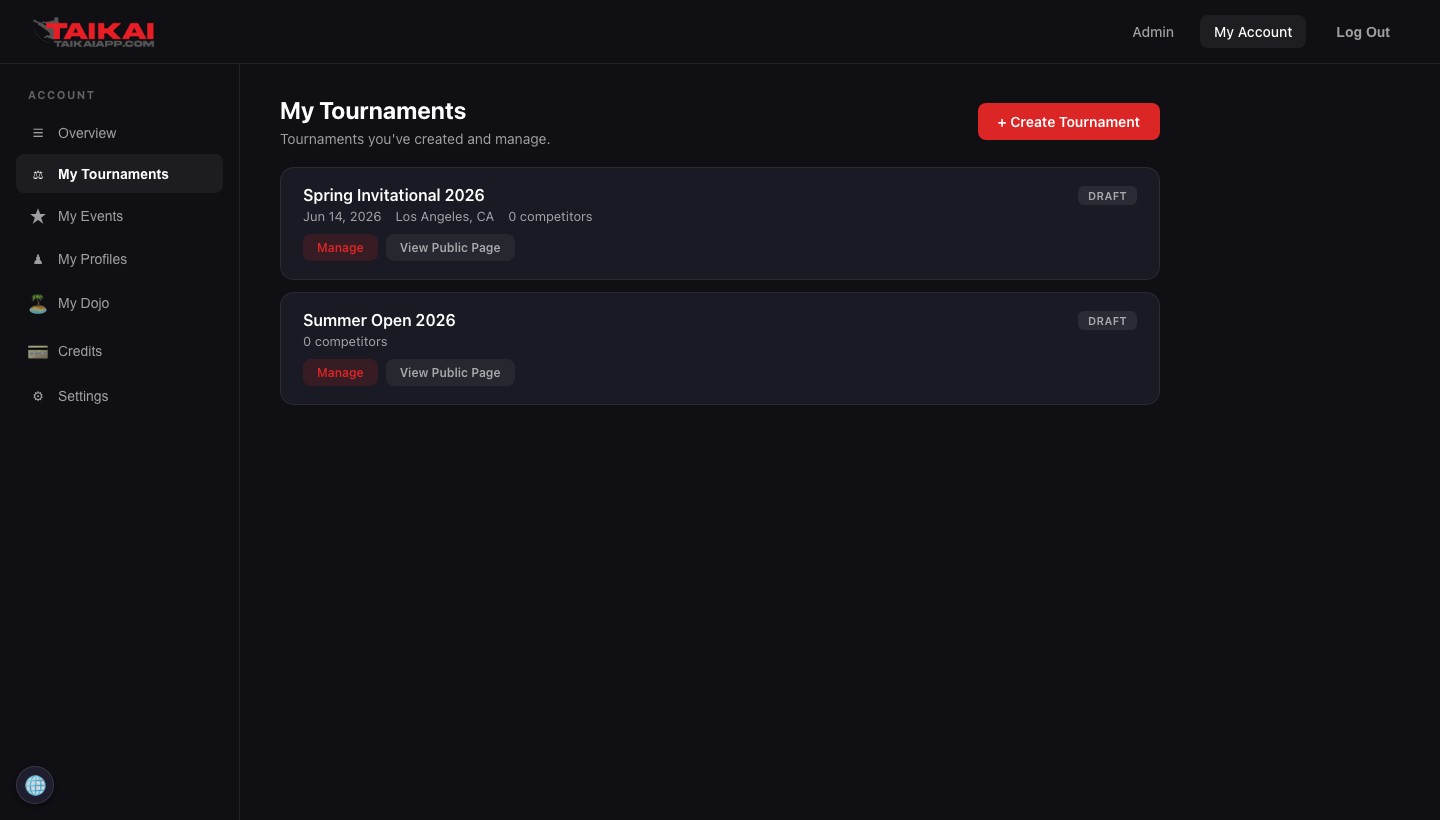 The My Tournaments dashboard showing a tournament card for Spring Invitational 2026