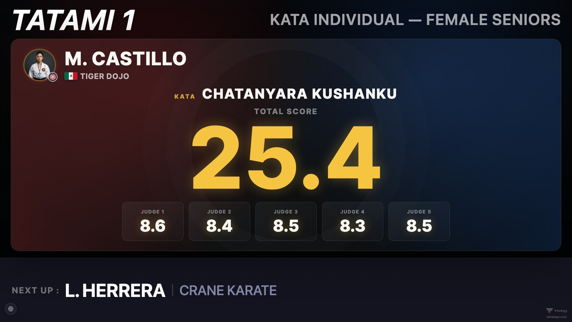 Kata scoreboard with judge scores